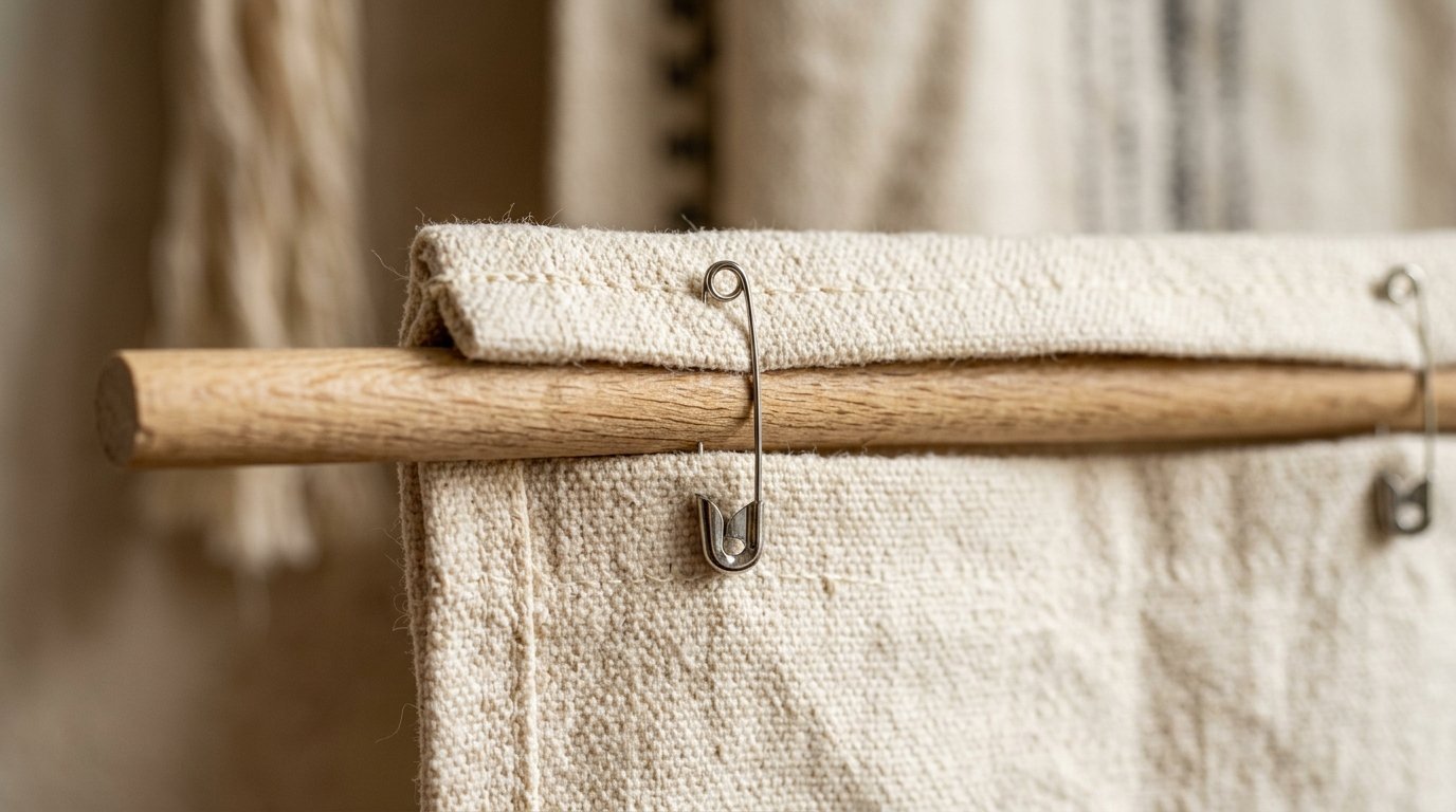 Close up of beige textile material secured to a light wood rod with silver safety pins.