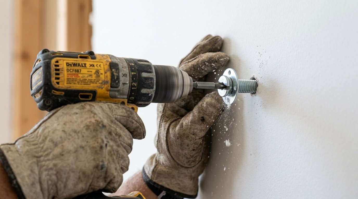 Close-up of gloved hands using a yellow DeWalt power drill to install a metal bolt into a wall.