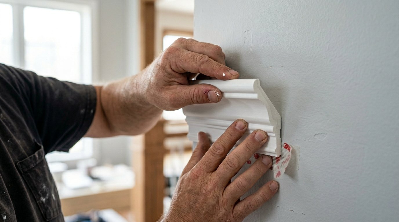 Close up of hands positioning a piece of interior trim molding against a smooth grey wall.