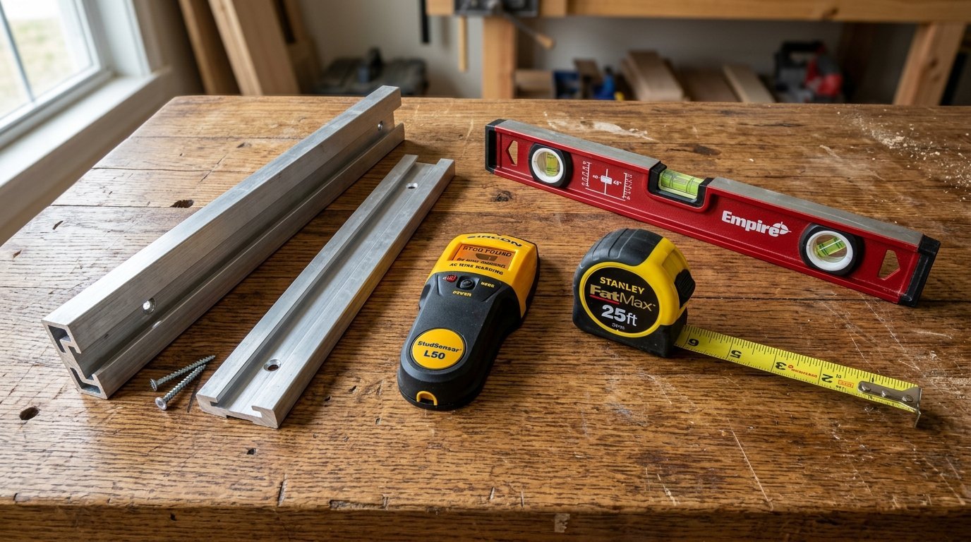 A yellow stud finder, tape measure, red level, and aluminum rails laid out on a rustic wood workshop table.