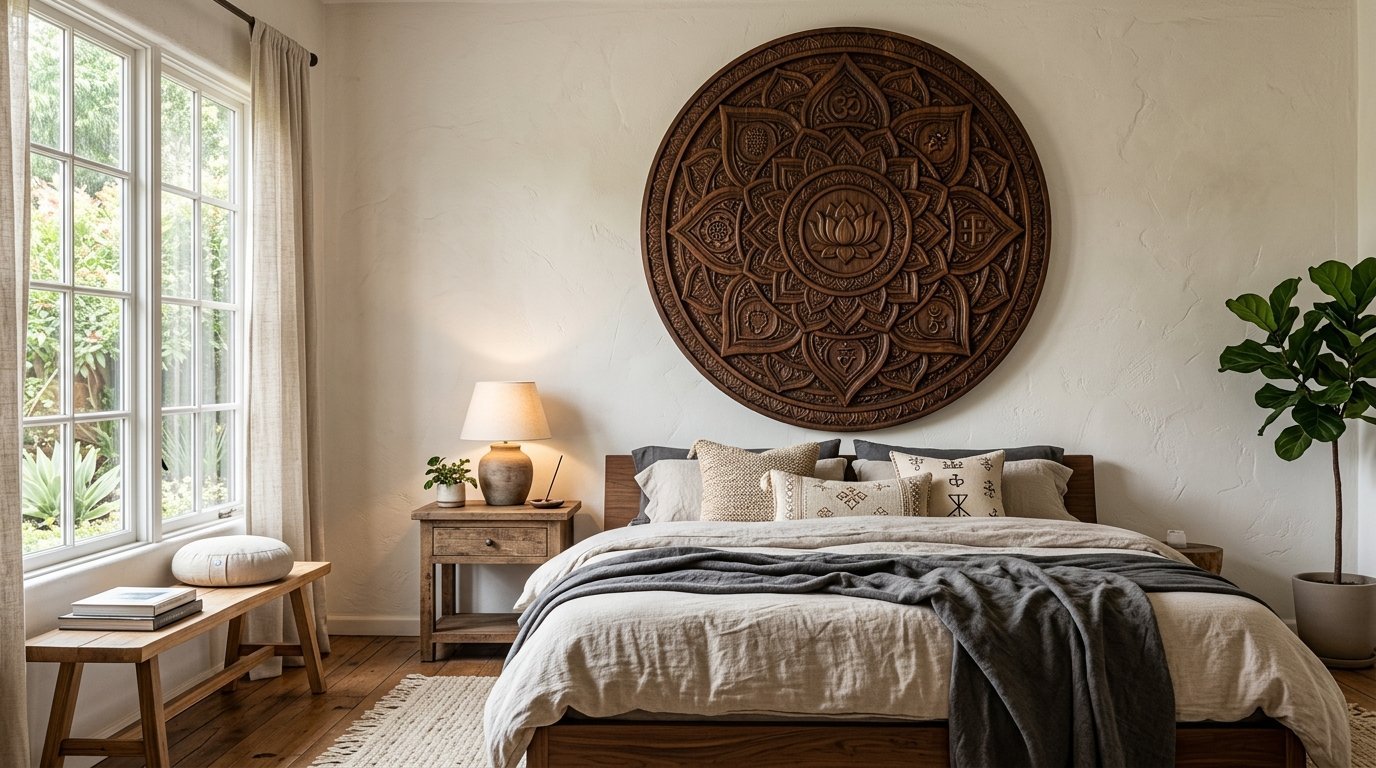 A large round intricately carved wooden mandala hanging above a bed with neutral linens and a dark throw blanket.