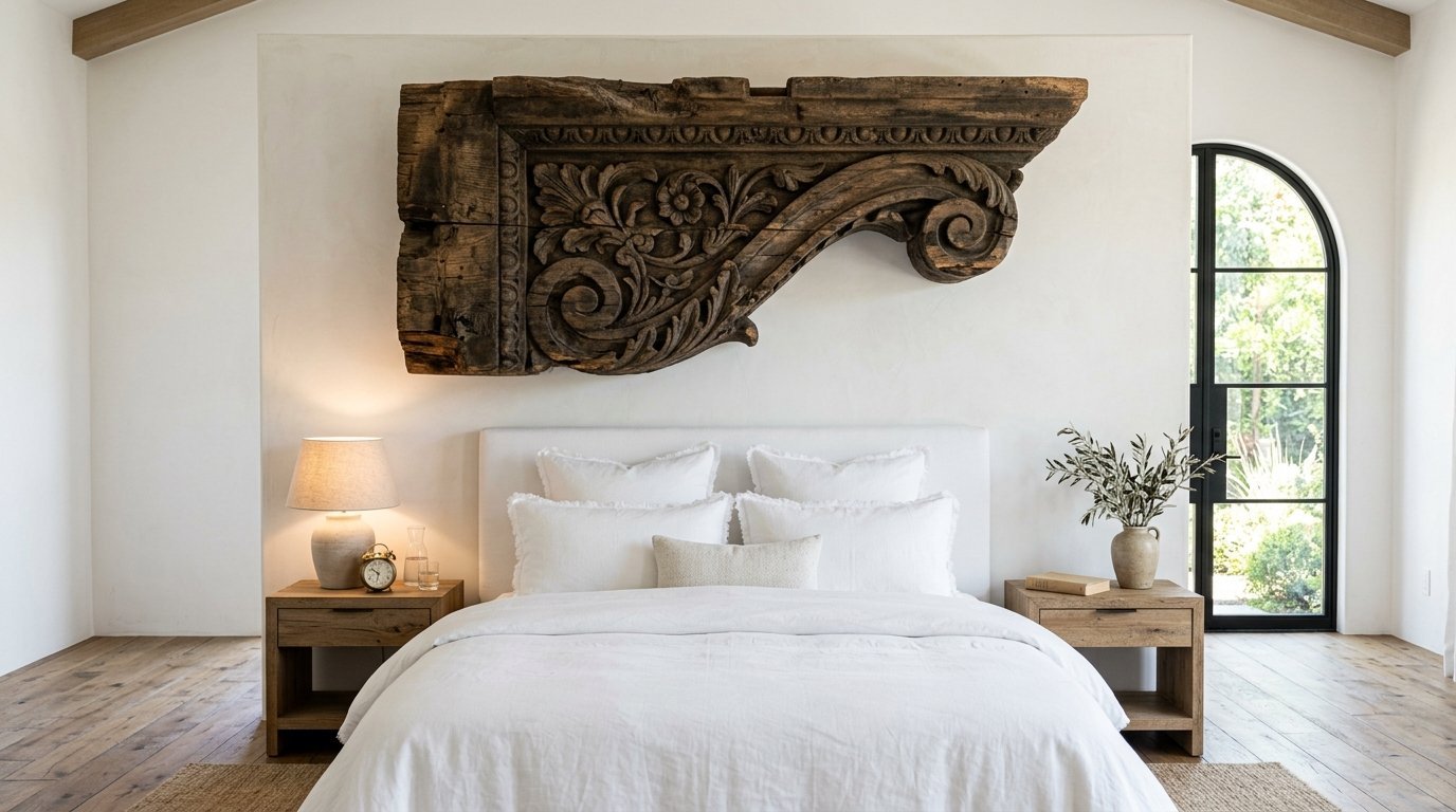 A rustic carved wood architectural salvage piece hanging on a white bedroom wall over a minimalist bed.