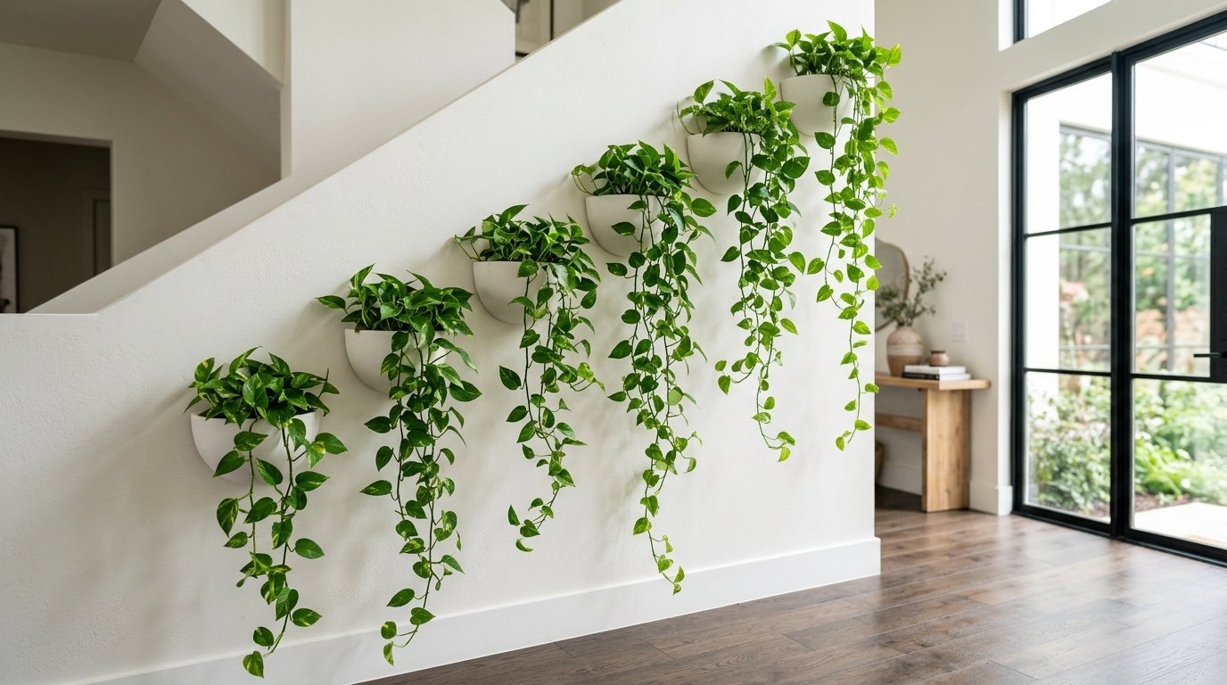 Five white semi-circular wall planters holding hanging pothos plants along a white staircase.