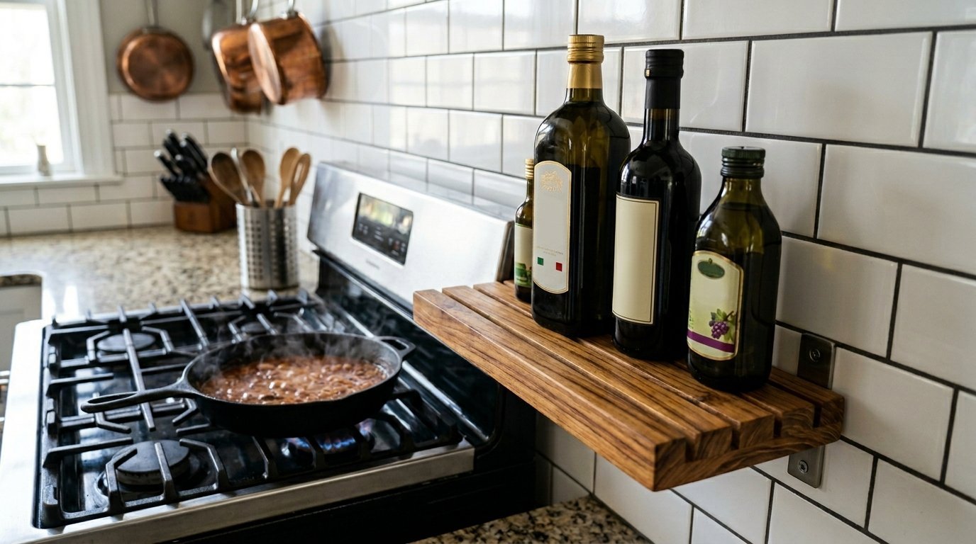 A cast iron pan cooking food on a gas range with oil bottles stored on a wooden shelf against white subway tiles.