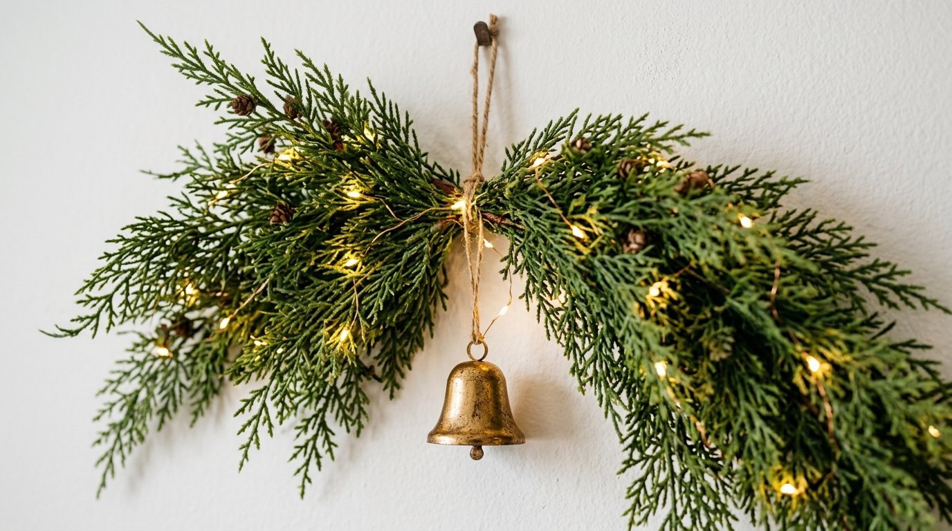 Green cedar branches adorned with twinkling lights and a hanging brass bell on a white wall.