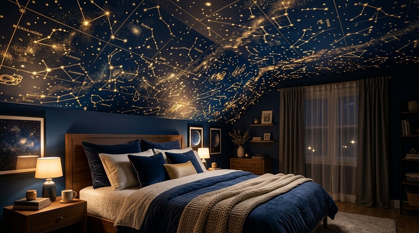 Dark blue bedroom with a glowing gold constellation star map mural covering the angled ceiling.