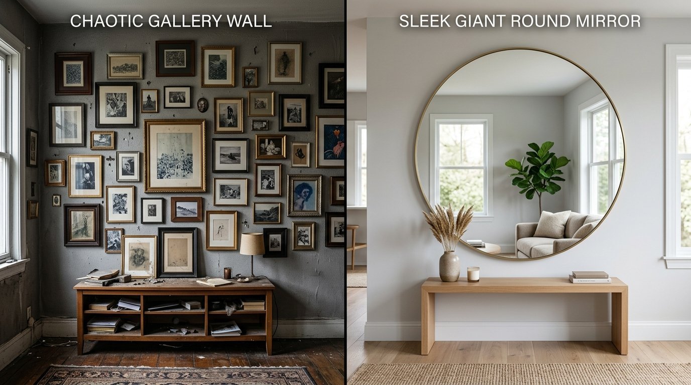Split screen showing a busy gallery wall of framed photos next to a large circular mirror in a minimalist room.