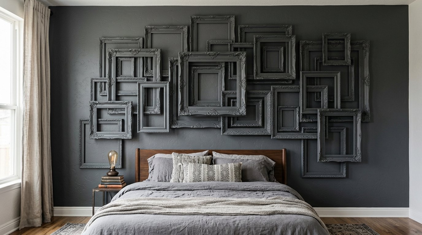 Dark grey bedroom wall decorated with a collage of various empty, ornate picture frames above a wooden bed frame.
