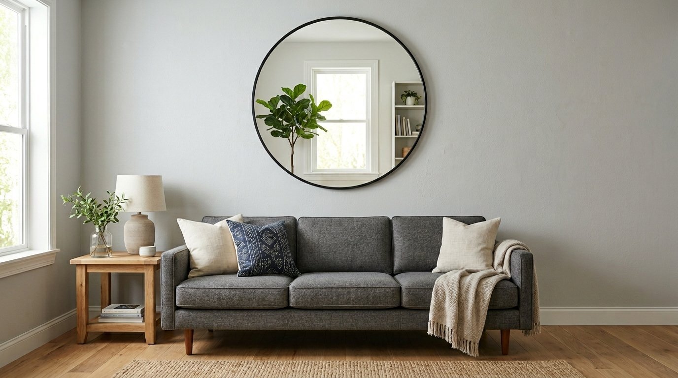 A modern grey couch sits under a large circular mirror with a black frame on a light grey wall.