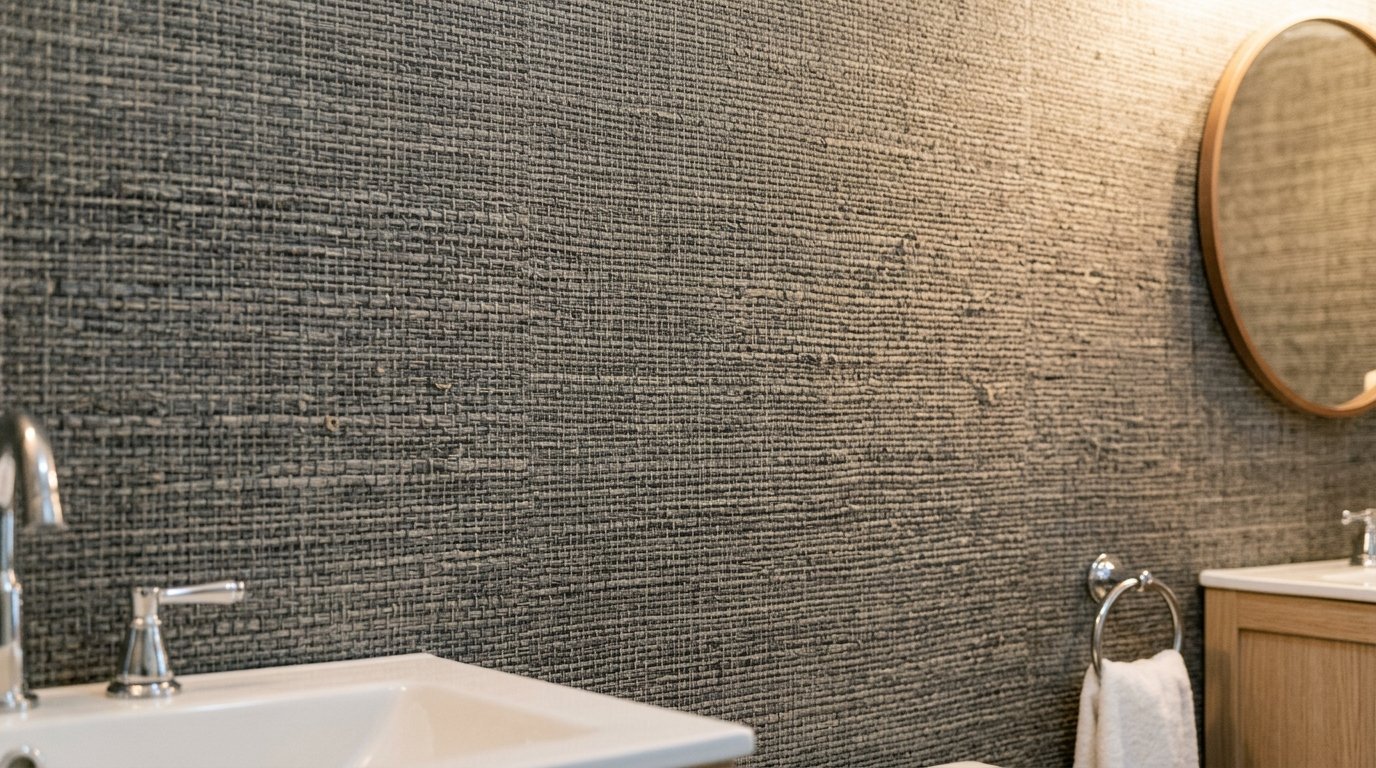 Close-up of a rustic charcoal woven fabric wallpaper behind a clean white bathroom sink and vanity.