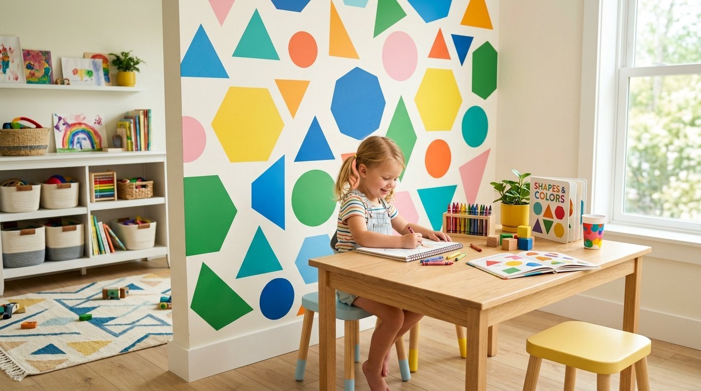 Young girl with pigtails sitting at a wooden desk coloring in front of a wall decorated with large geometric shapes.