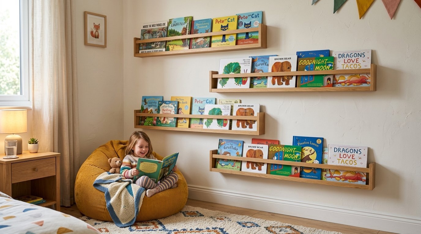 Little girl reading a book on a mustard yellow beanbag chair next to wall-mounted wooden bookshelves.