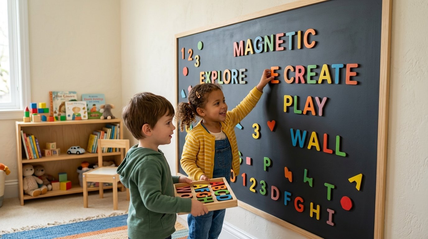 A girl places a magnetic letter on a large chalkboard while a boy holds a wooden tray of letters nearby.