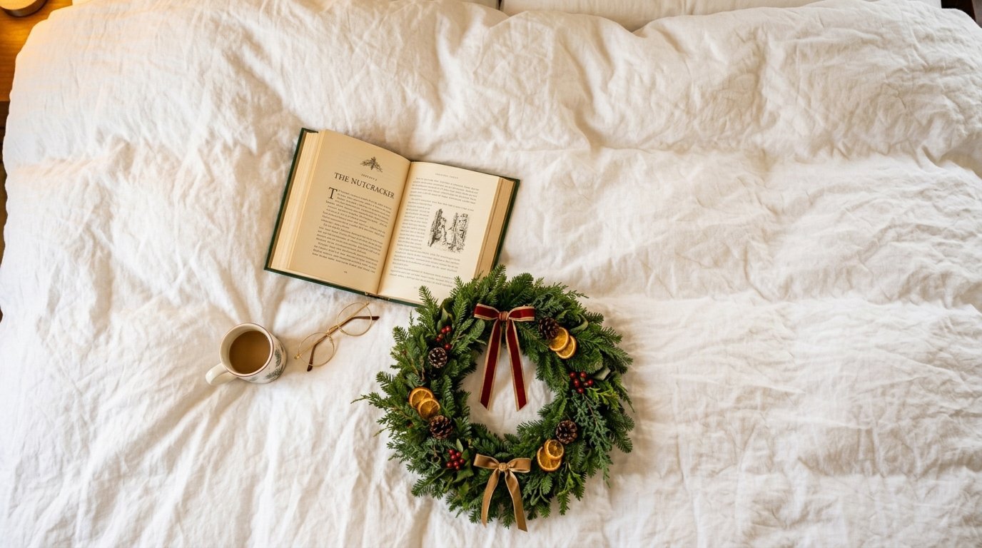 An open Nutcracker book, a festive pine wreath, eyeglasses, and a coffee mug on a white rumpled duvet.