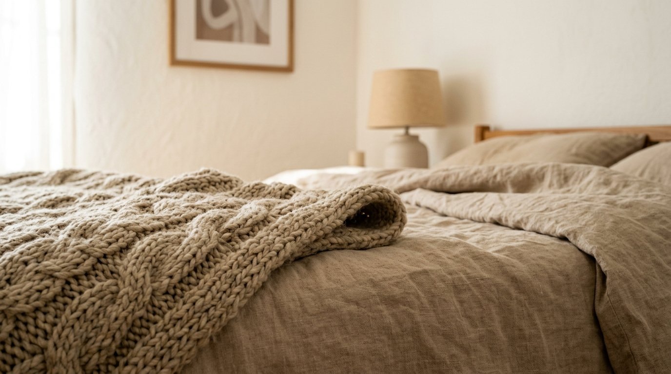 Close up of a thick cable knit blanket on a beige linen bed with a bedside lamp in the background.