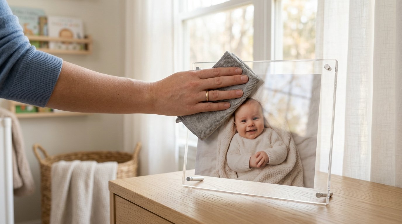 Close-up of a hand cleaning a glass picture frame featuring a smiling infant with a grey microfiber cloth.