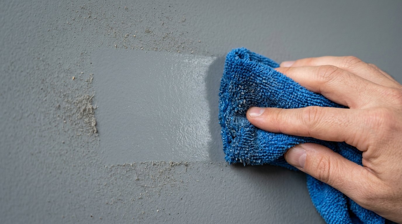 Close-up of a hand wiping grey dust off a dark painted wall using a damp blue cleaning rag.
