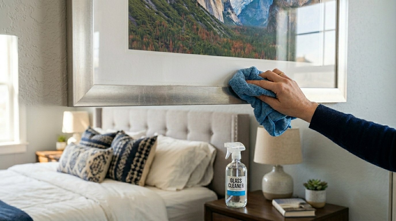 Close up of a hand using a blue cloth to clean a silver picture frame hanging above a bedroom nightstand.