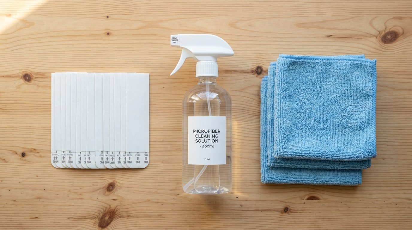A clear spray bottle, stack of blue microfiber cloths, and white adhesive strips arranged on a wood surface.