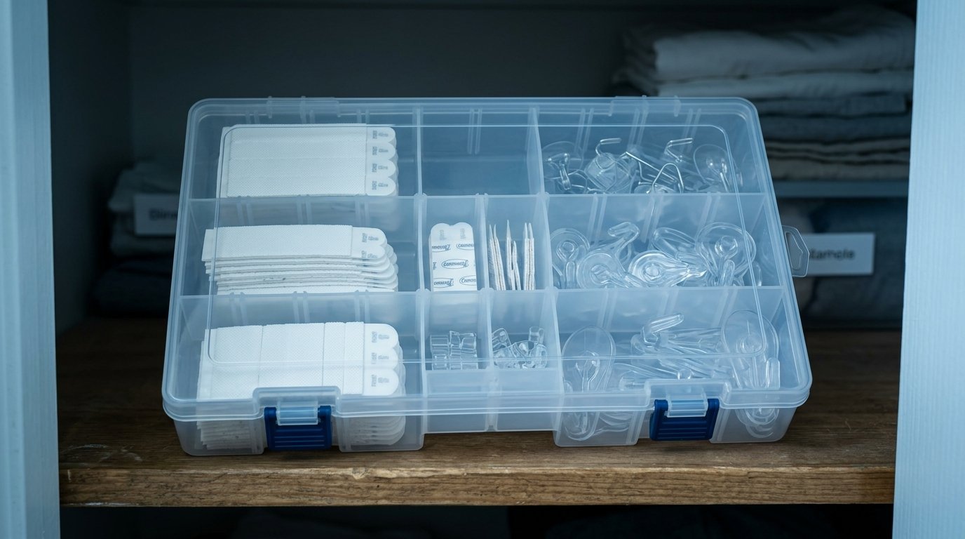 Compartmentalized storage box containing various adhesive strips and clear plastic wall hooks on a wooden shelf.
