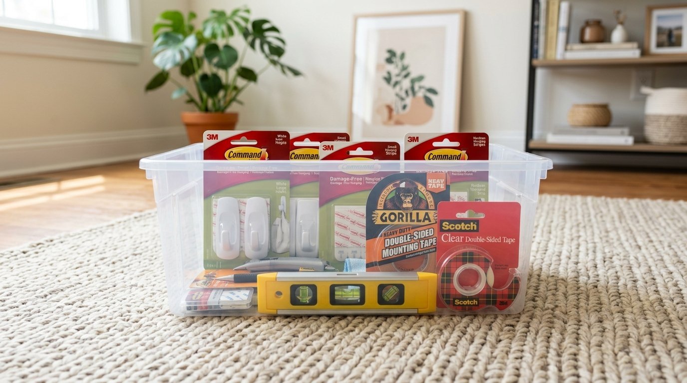 A transparent plastic bin filled with Command hooks, Gorilla mounting tape, Scotch tape, and a yellow spirit level.