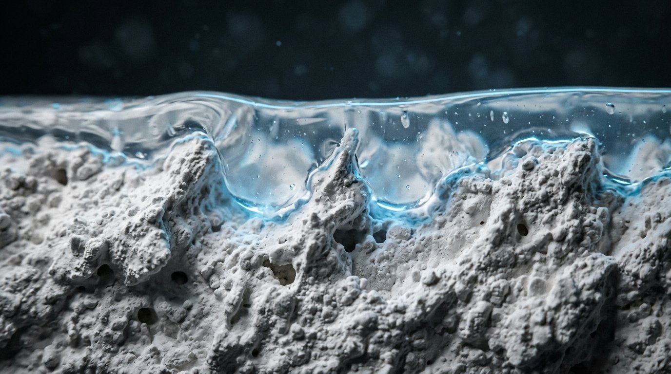 Close-up of a clear water wave cresting against a craggy, porous light-colored rock surface.