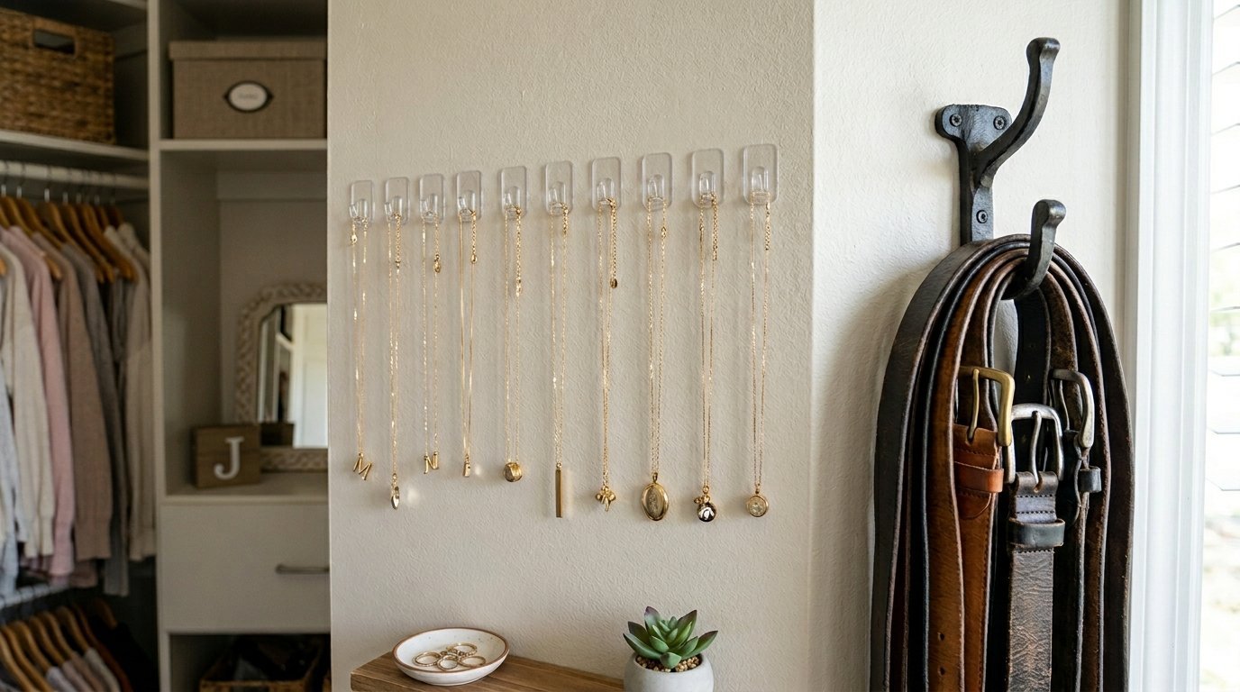 A collection of gold pendant necklaces mounted on a bedroom wall beside a vintage iron hook holding leather belts.