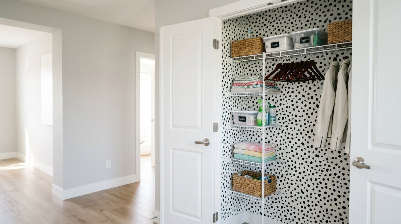 Open closet interior with wire shelving, woven baskets, and trendy dalmatian print wallpaper.