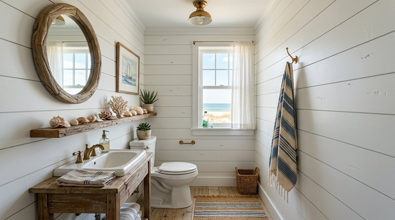A small white bathroom with a rustic wooden vanity, shell decor, and a towel hanging on the wall.
