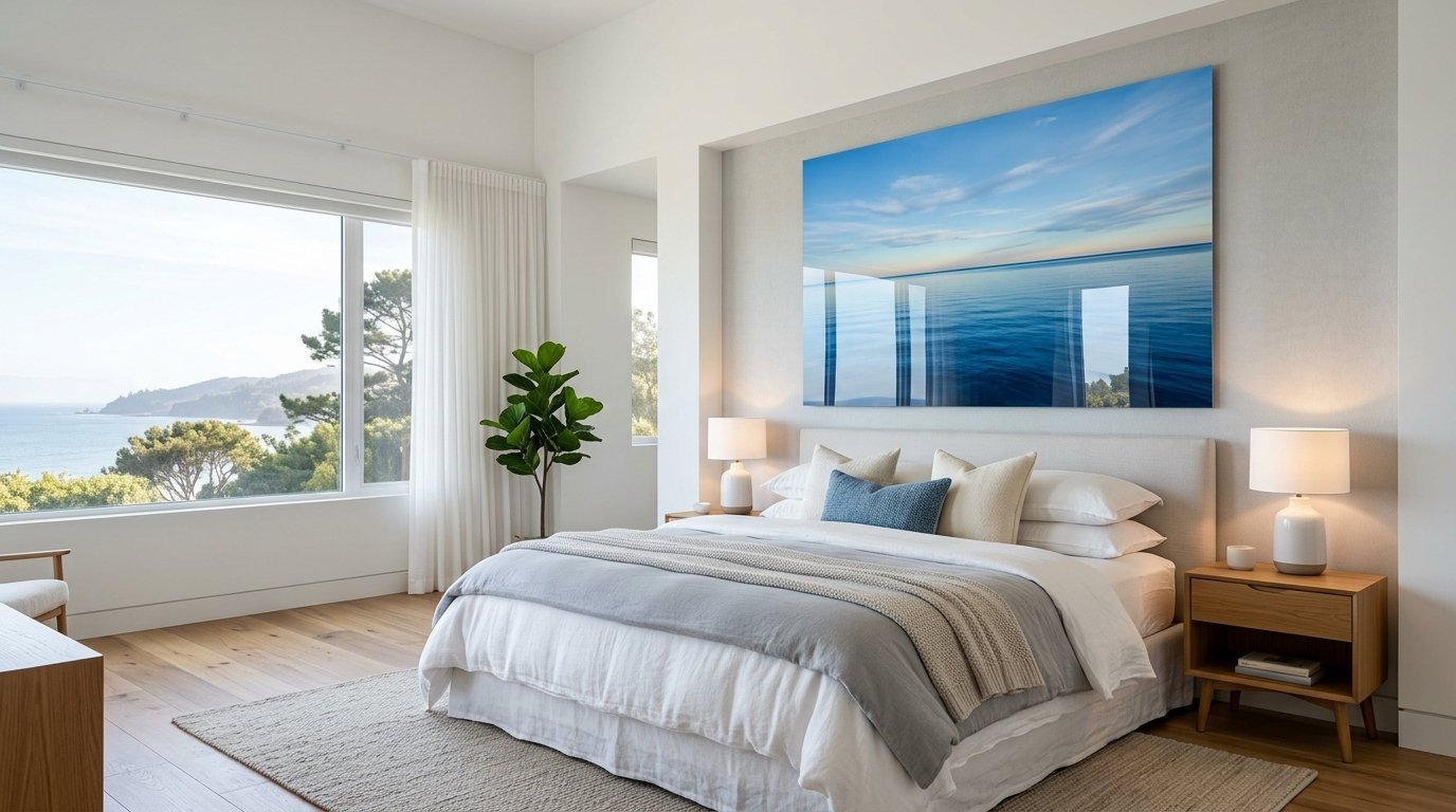 A luxury bedroom with a bed centered under a massive blue ocean photograph overlooking a coastal view.