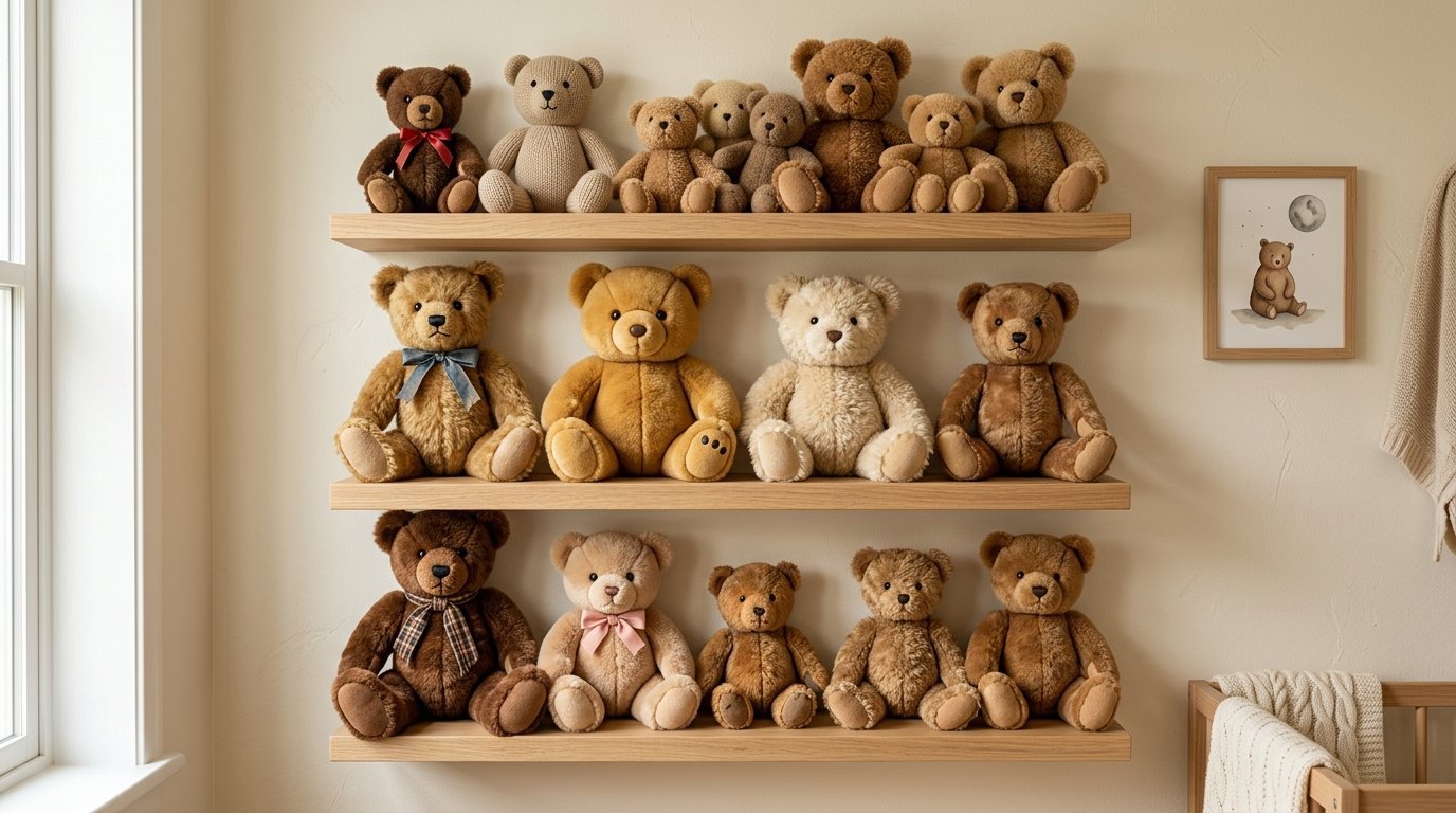 Many different brown and tan stuffed teddy bears sitting on three wooden wall shelves in a child's bedroom.