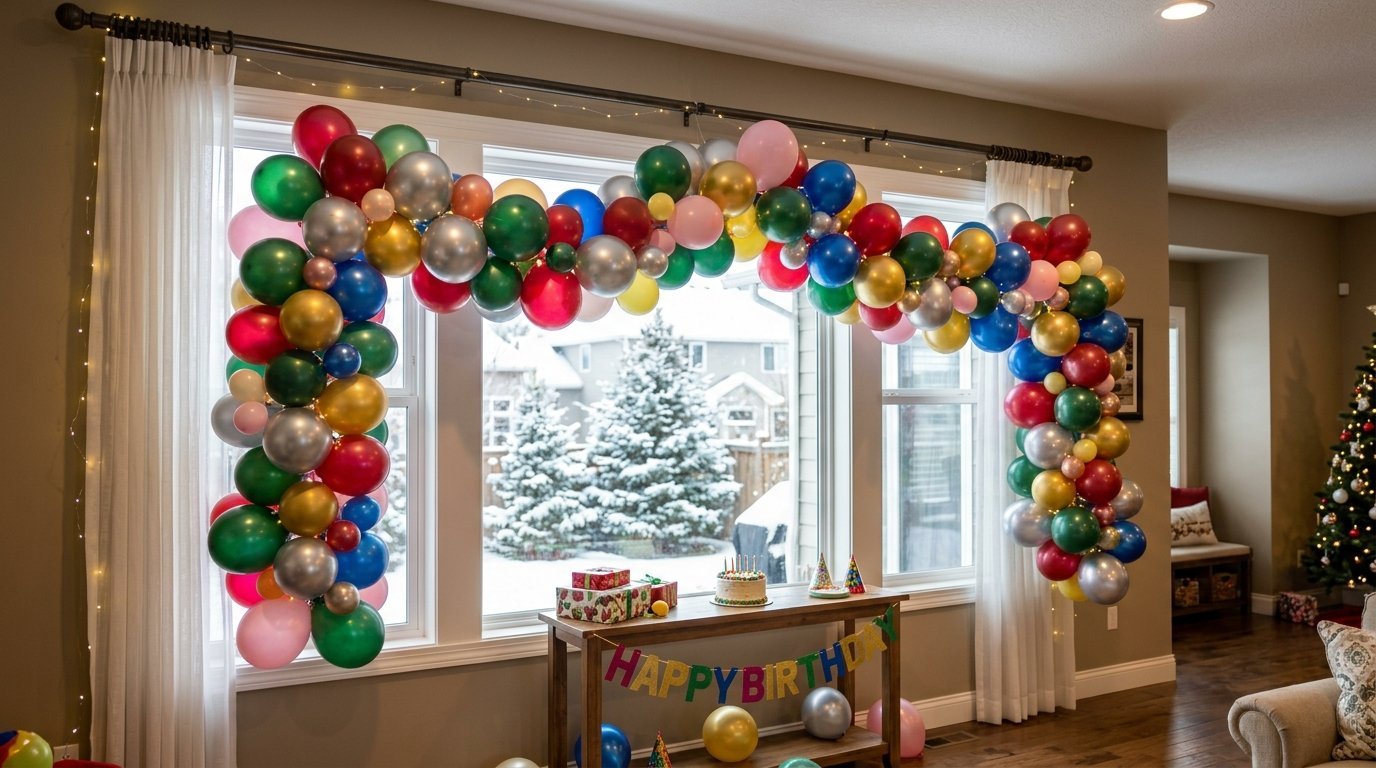 A colorful arch of birthday balloons framing a window looking out at a snowy backyard scene.