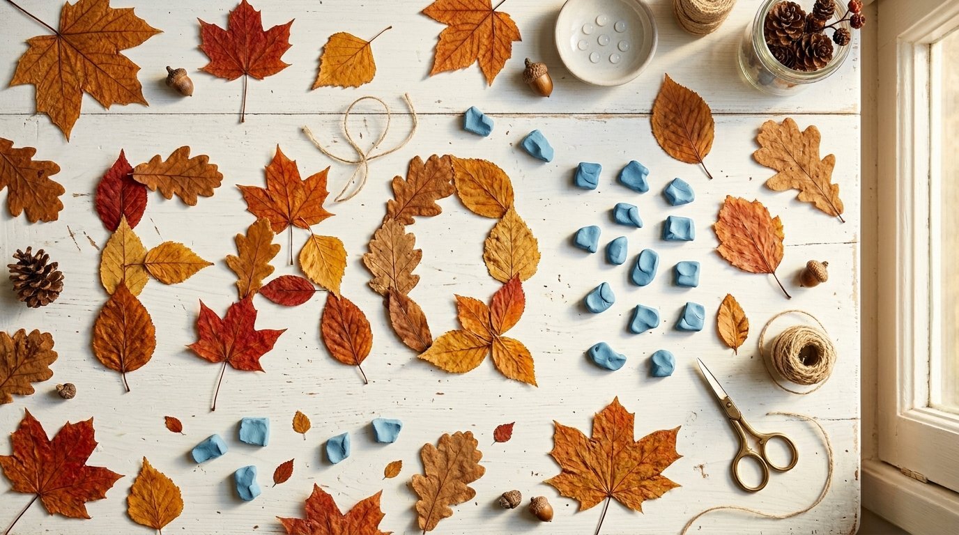 Flat lay of dried maple and oak leaves on white wood with small blue clay shapes, twine, and scissors.