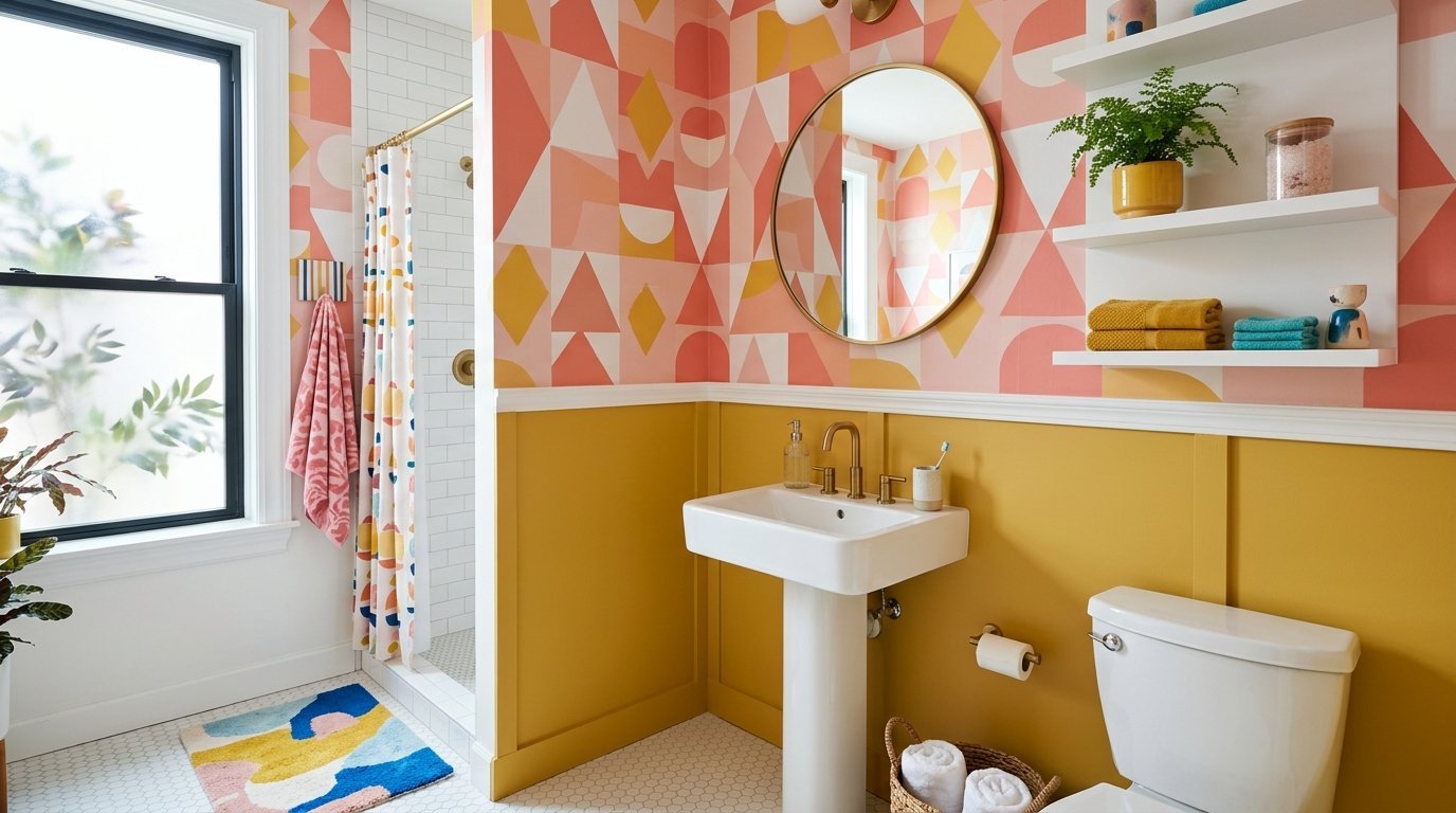 A whimsical bathroom with gold hardware, a round mirror, and walls decorated with pink and yellow patterned wallpaper.