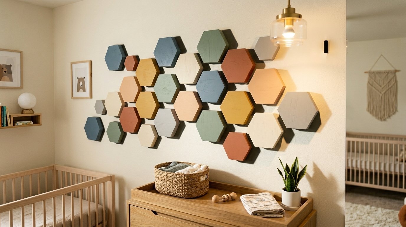 Decorative wood hexagons in muted earth tones arranged on a beige nursery wall above a changing table.