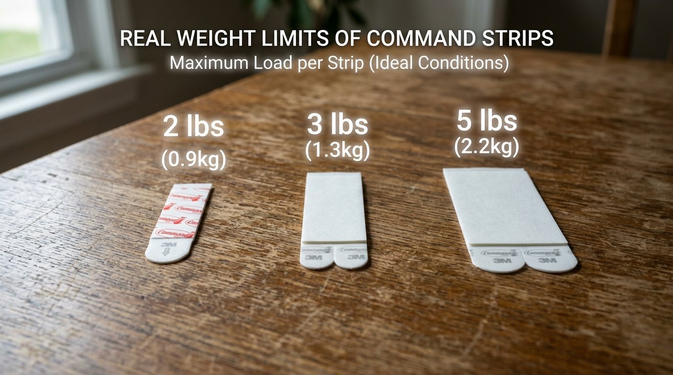 Three varying sizes of adhesive wall strips placed on a wooden table with weight labels above each one.