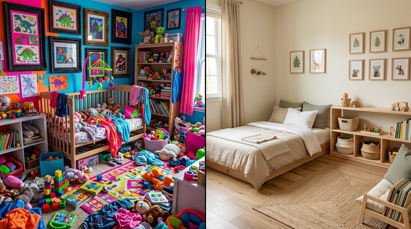 Comparison photo showing a chaotic, colorful child's bedroom next to a serene, neutral-toned room with simple furniture.