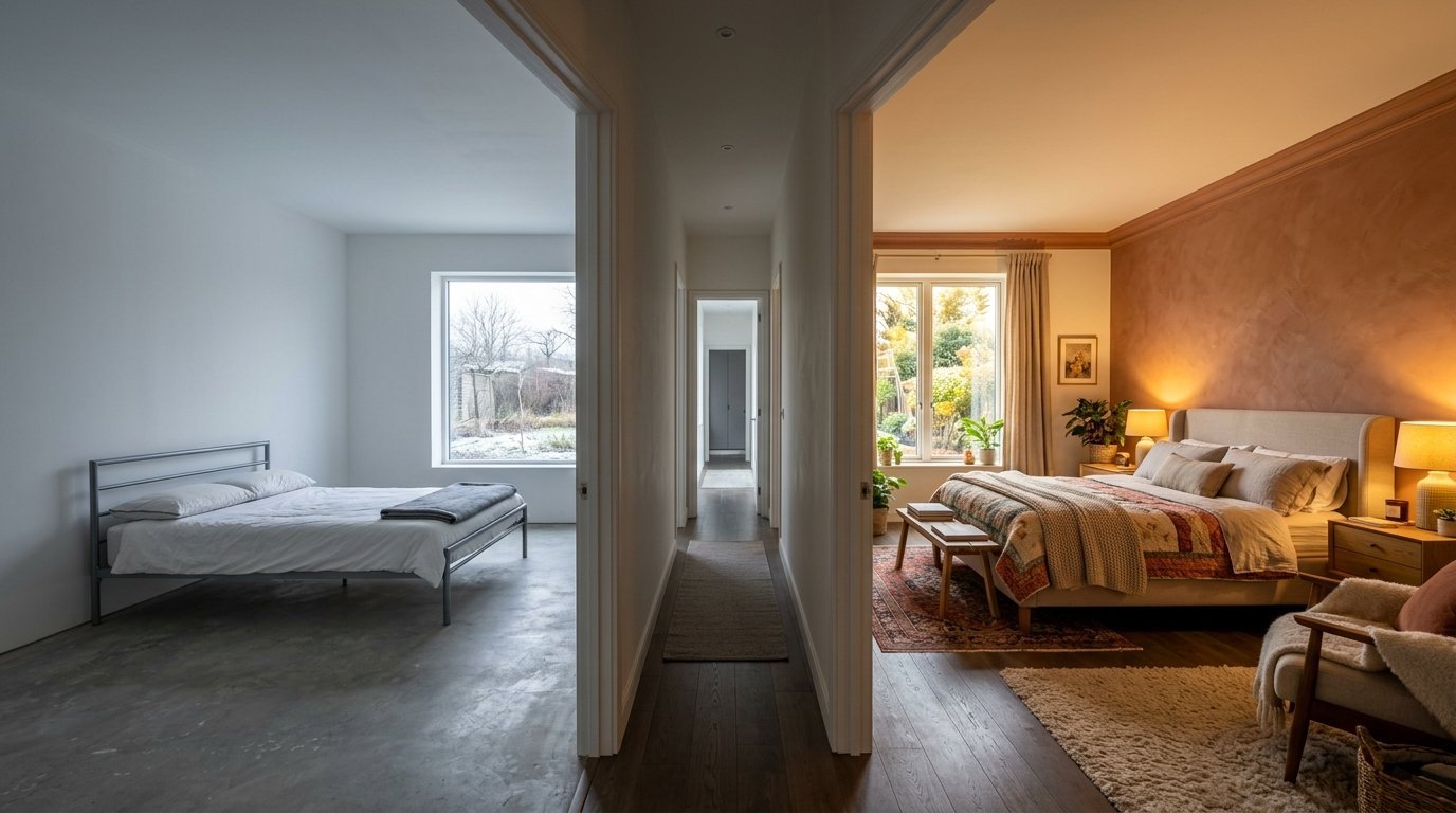 Comparison of a spare white bedroom with concrete floors and a warm, textured bedroom with wooden floors.