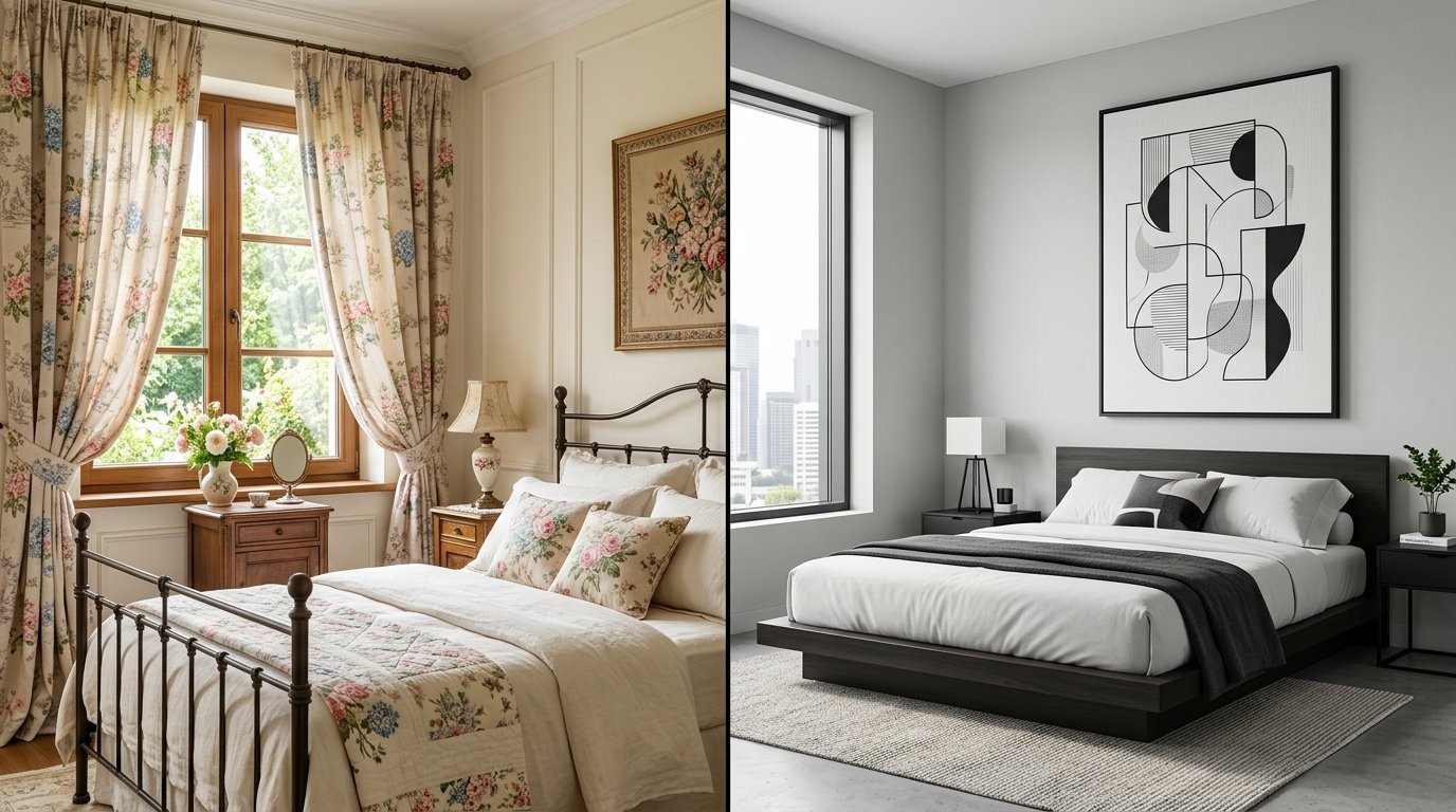 Split image showing a cozy floral bedroom next to a sleek, contemporary bedroom with abstract wall art.