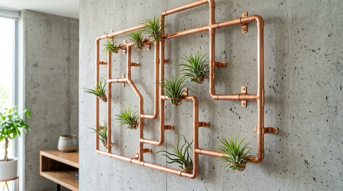 A wall-mounted geometric sculpture of copper pipes holding several small green tillandsia air plants.