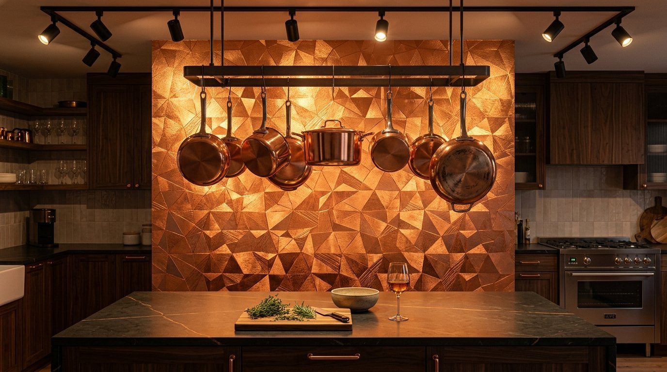 Shiny copper pots and pans suspended from a rack above a dark stone kitchen island with fresh herbs.