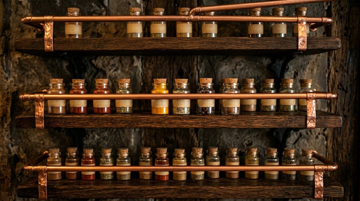 Three dark wooden shelves with copper railings holding rows of small glass jars filled with various spices.