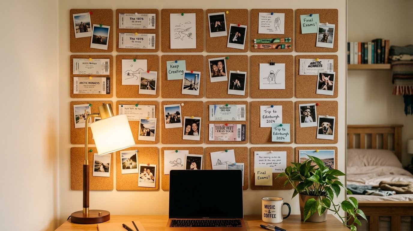 Close up of a desk with a laptop, lamp, and plant against a wall covered in pinned photos and concert tickets.