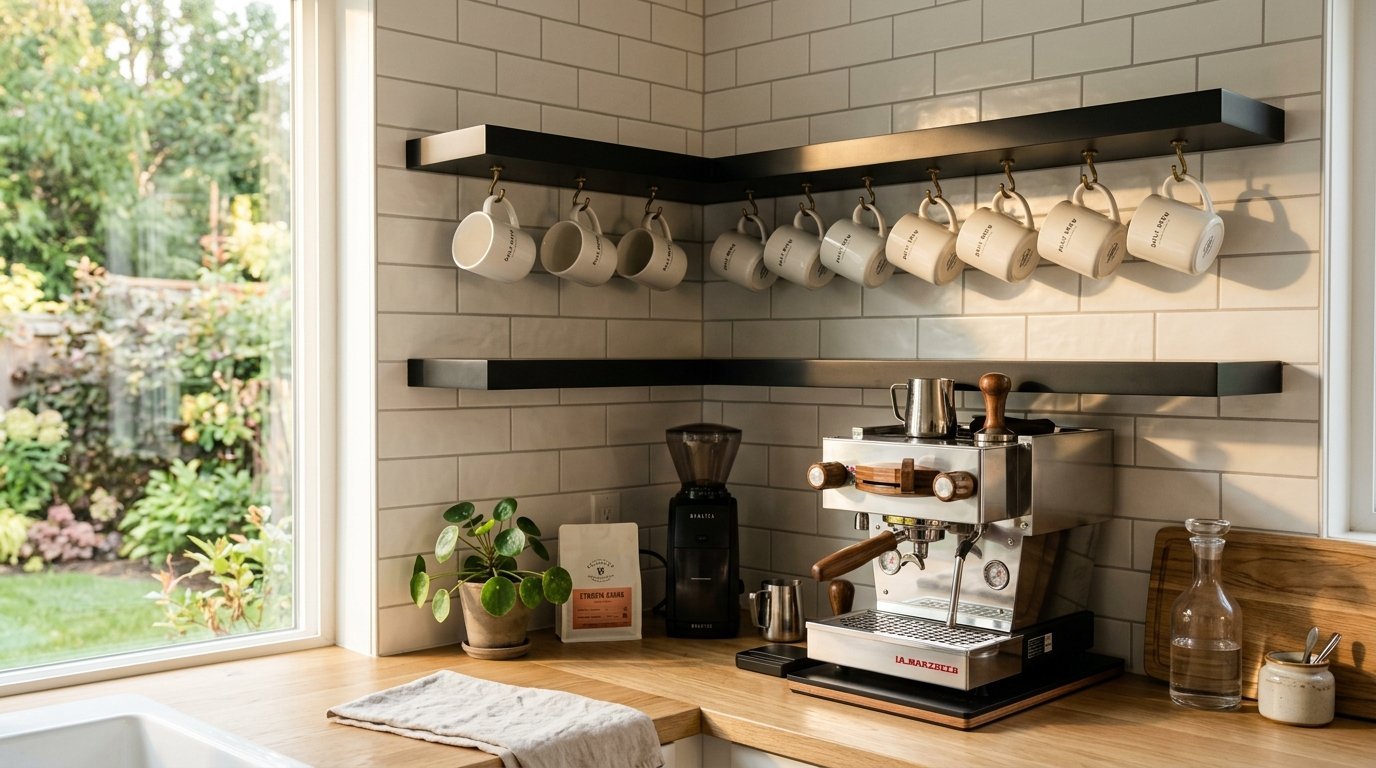 Coffee mugs hanging under black floating shelves above a home espresso machine on a wooden countertop.