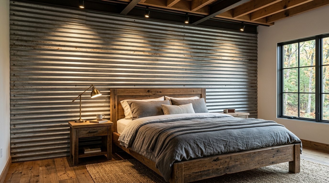 A bedroom with a rustic wooden bed, grey bedding, and a dramatic corrugated metal accent wall under track lighting.