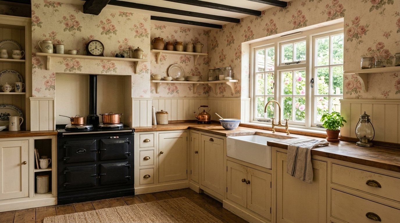 Rustic kitchen with cream cabinets, floral print walls, farmhouse sink, and a black cast iron oven.