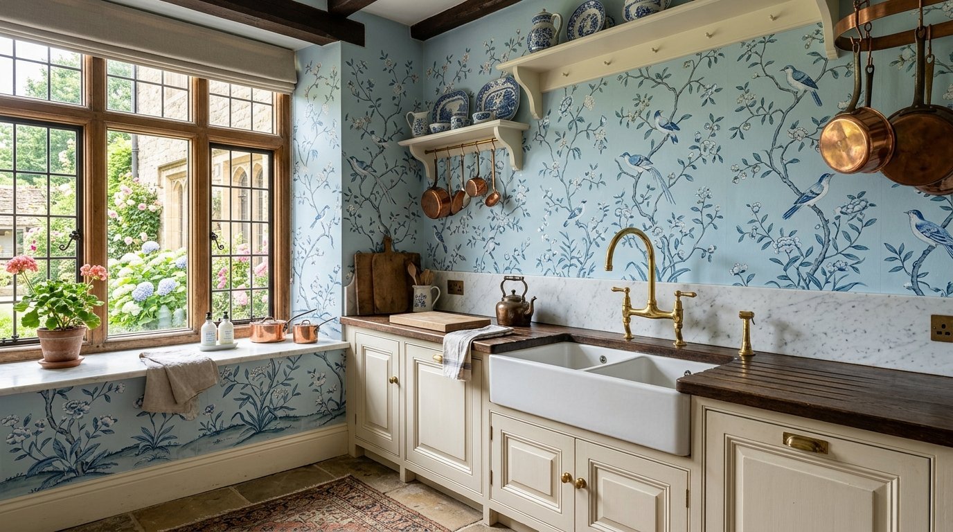 A farmhouse kitchen featuring light blue floral wallpaper, copper cookware, and a double porcelain sink.