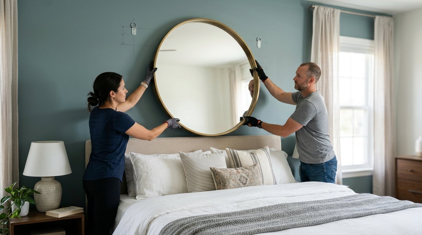 Man and woman wearing gloves mounting a round gold mirror onto a teal bedroom wall.