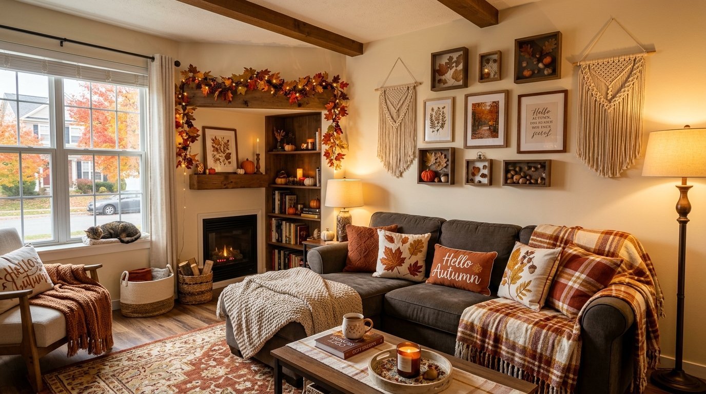 Cozy living room with dark sofa, autumn throw pillows, fireplace, and leaf garlands on a cream wall with wall art.