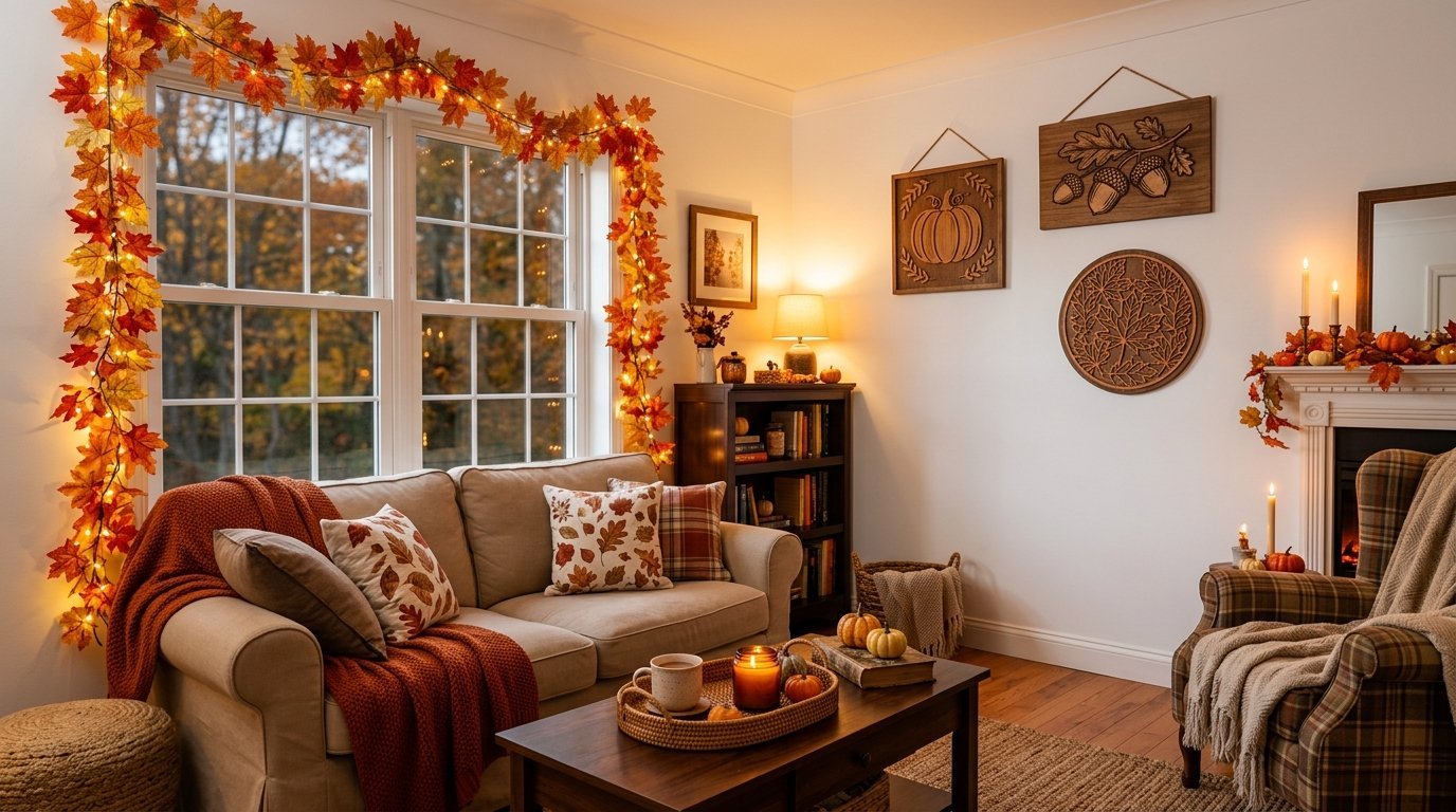 Bright living room with a beige sofa, autumn leaf garland, pumpkin decor, wooden wall art, and plaid armchairs.